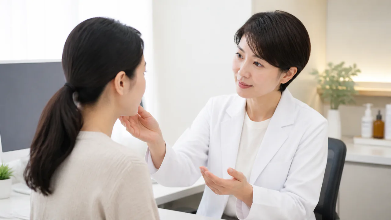 皮膚科医が患者の肌の状態を丁寧に診察し、適切な治療法を説明する様子