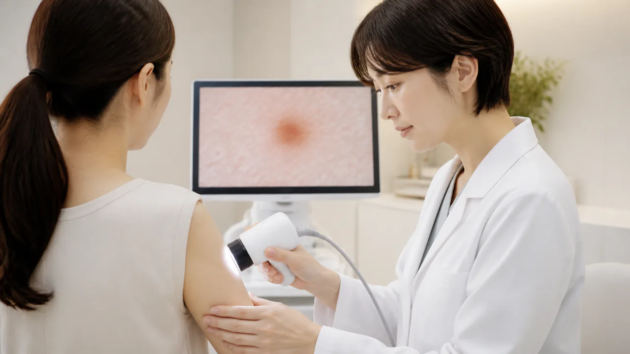 皮膚の病変部を拡大し、詳細な状態を調べるための皮膚科検査機器