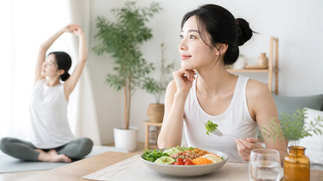 バランスの取れた食事とストレス管理でDHEA-S関連ニキビを予防する様子