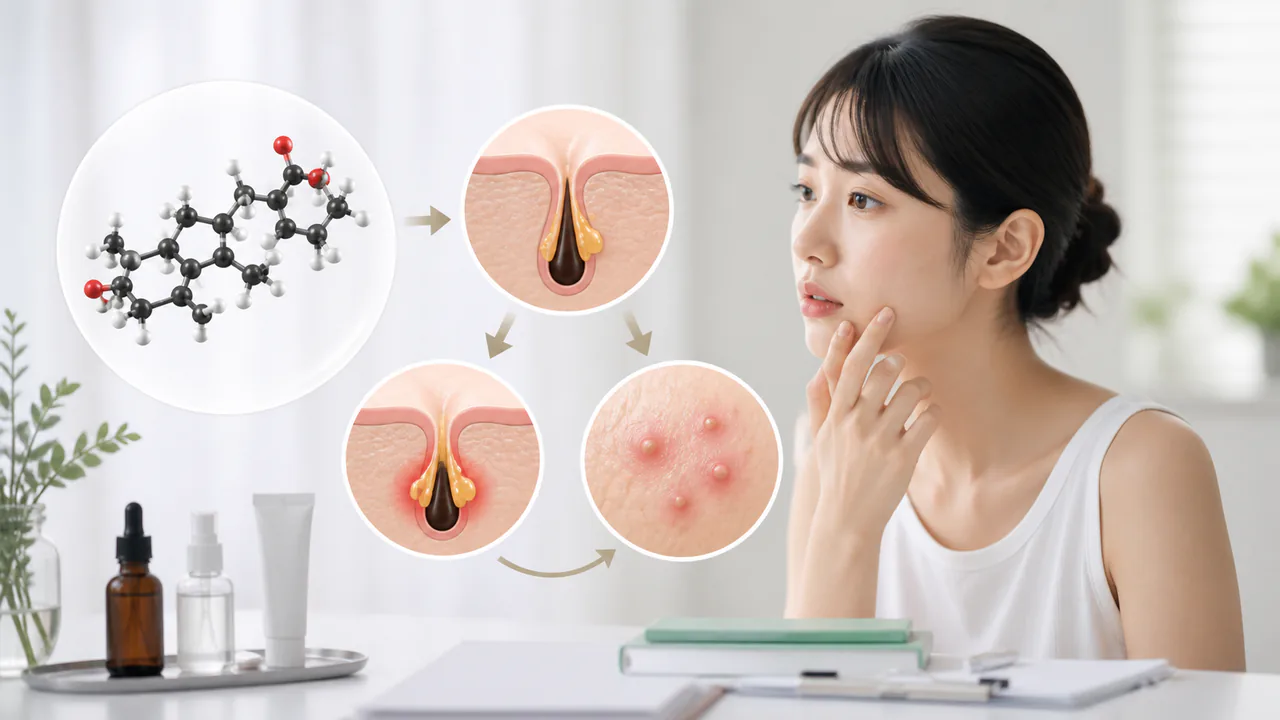 DHEA-Sの化学構造とニキビ発生メカニズムの関連性を示す図解