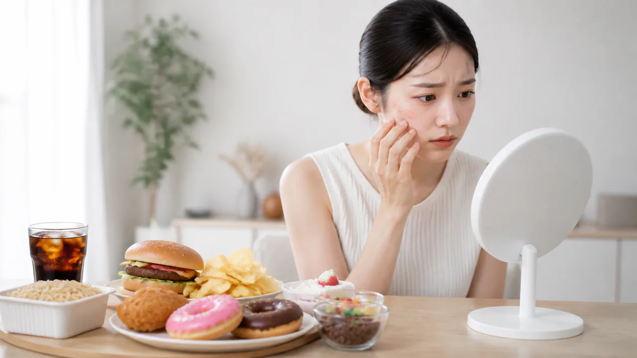 加工食品や高糖質食品が積み上げられ、肌荒れや炎症を引き起こす可能性を示す