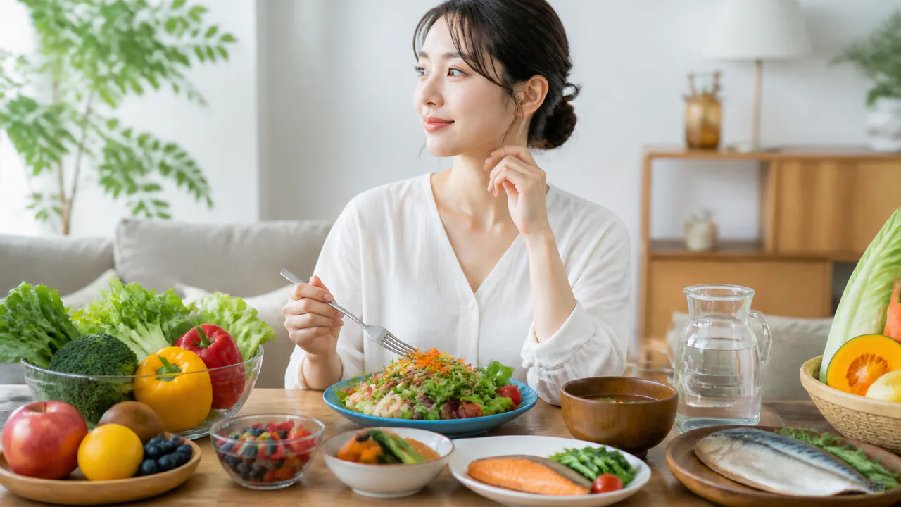 新鮮な野菜、果物、魚が並べられた食卓で、肌の健康を意識した食事内容