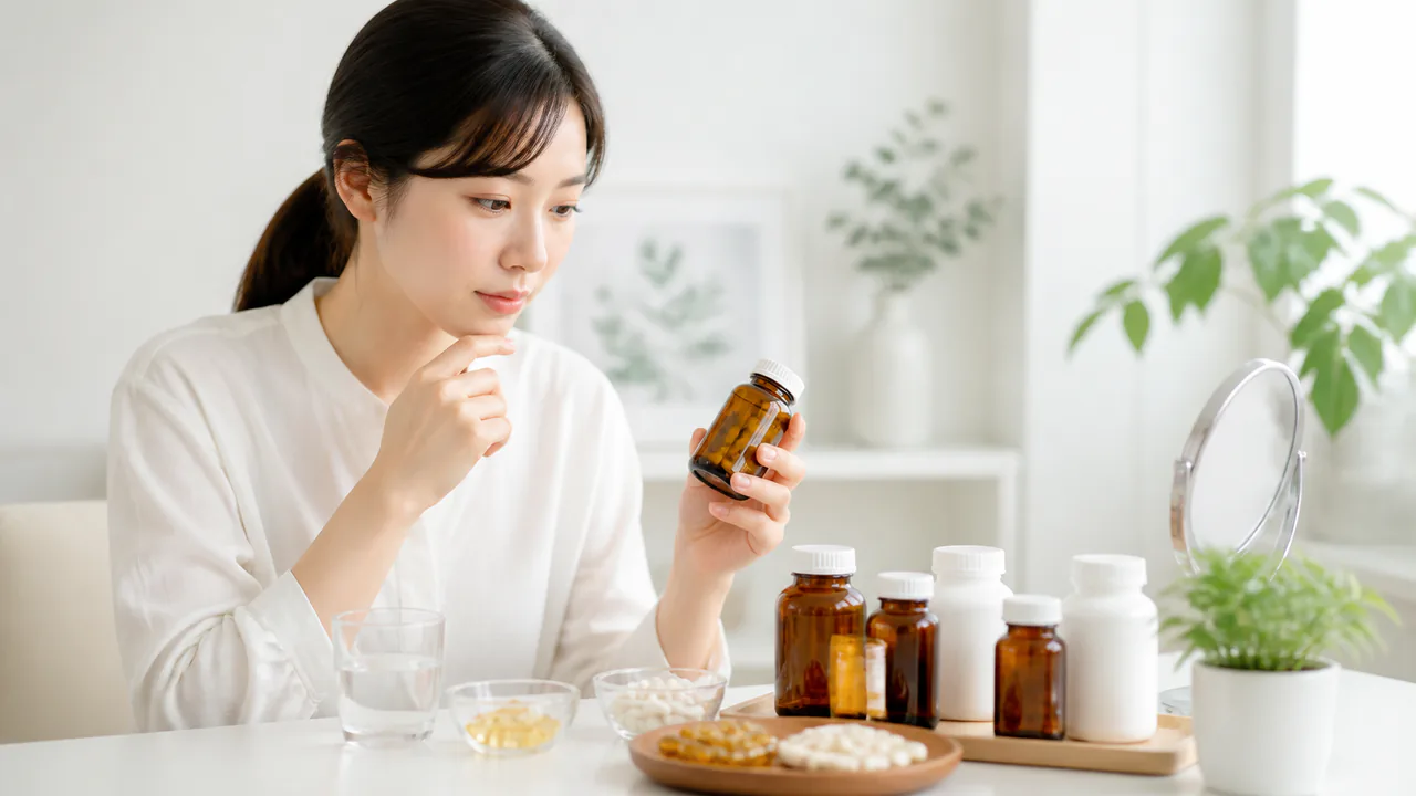 ビタミン剤やミネラルサプリメントが並び、適切な摂取の重要性を示す
