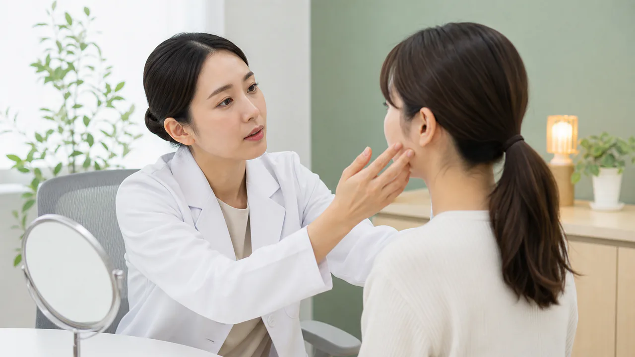 乾燥肌の症状が改善しない場合に皮膚科医が診察する様子