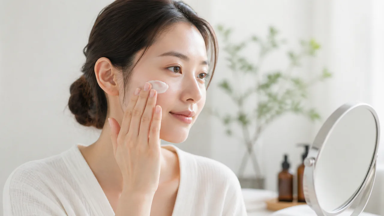 効果的な保湿ケアのために、保湿剤を顔に優しく塗布する様子