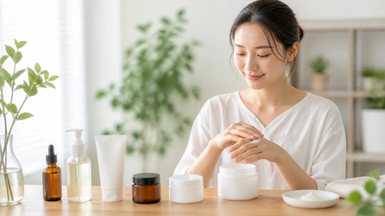 様々な種類の保湿剤が並べられ、適切な保湿ケアで肌を守る様子