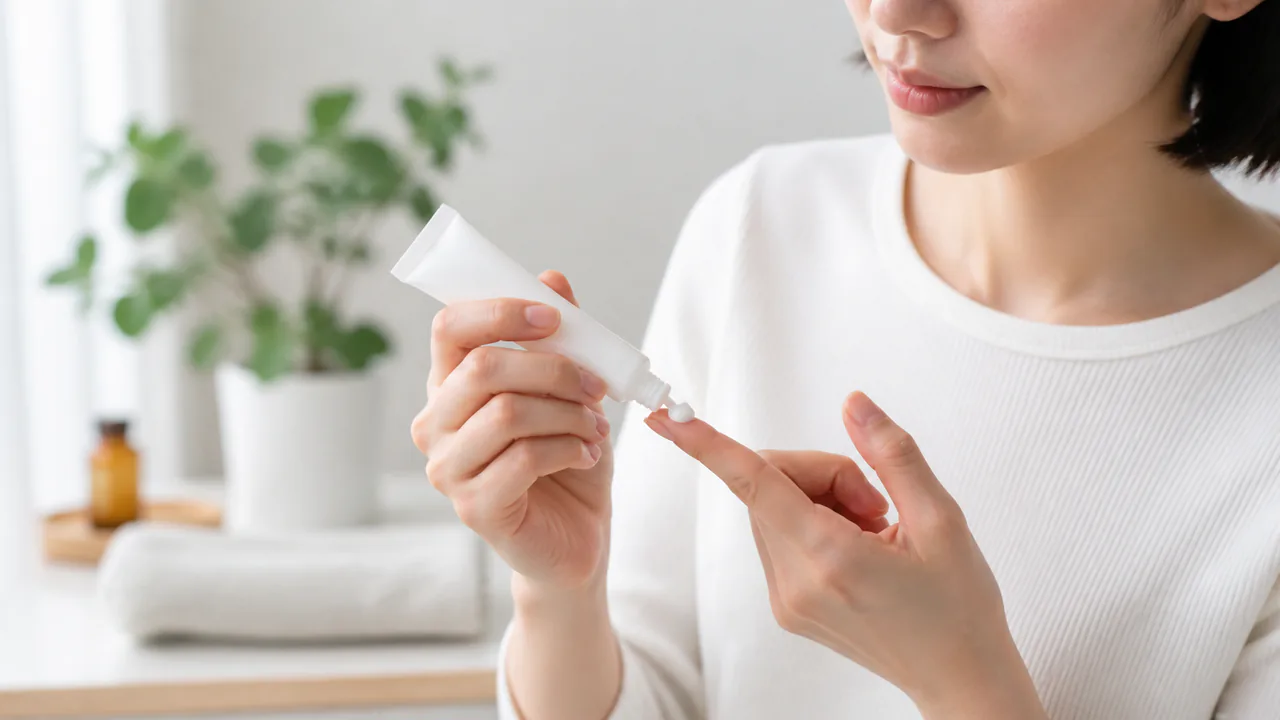 湿疹治療に用いるステロイド外用薬を指先に取る様子、適切な量で皮膚症状を改善