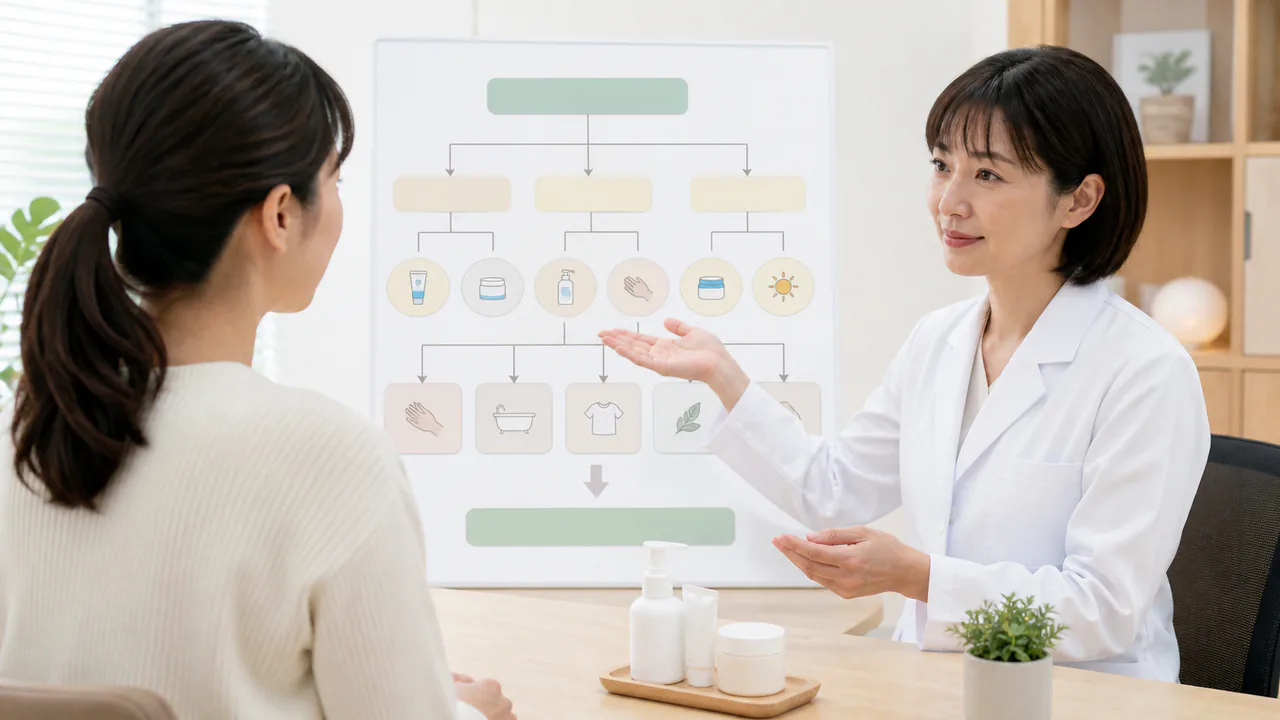 湿疹の治療法がまとめられたフローチャート、患者が医師と相談する様子