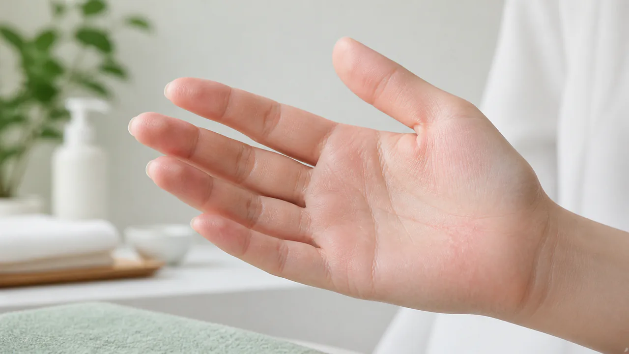 手のひらにできる小さな水ぶくれが特徴的な汗疱(異汗性湿疹)の様子