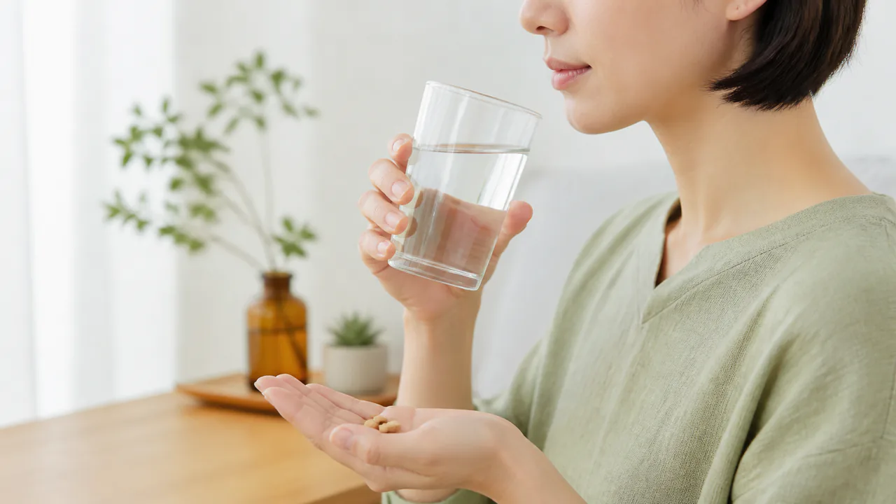 越婢加朮湯の正しい服用方法を示す、水と薬を飲む手のクローズアップ