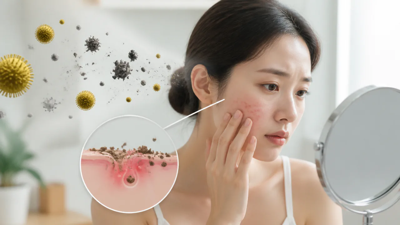 花粉、PM2.5、大気汚染物質が肌に付着し炎症を起こす様子