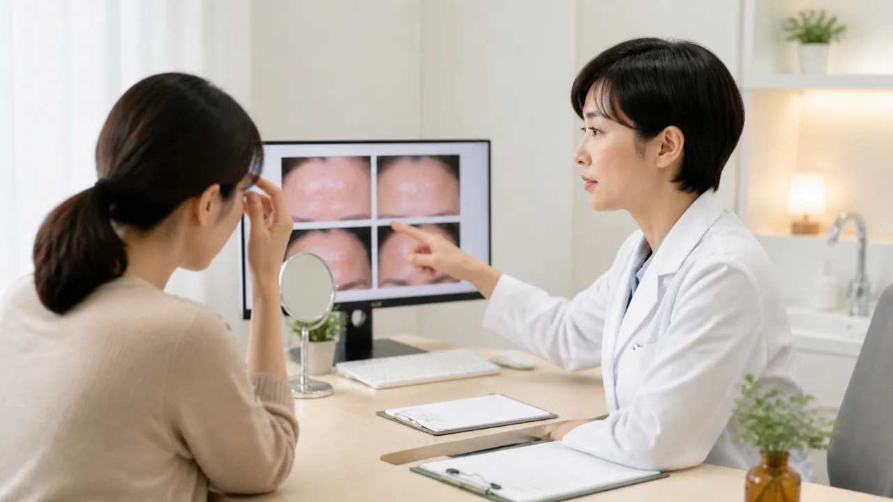 眉間ニキビと間違えやすい皮膚疾患の例。鑑別診断の重要性を示す。