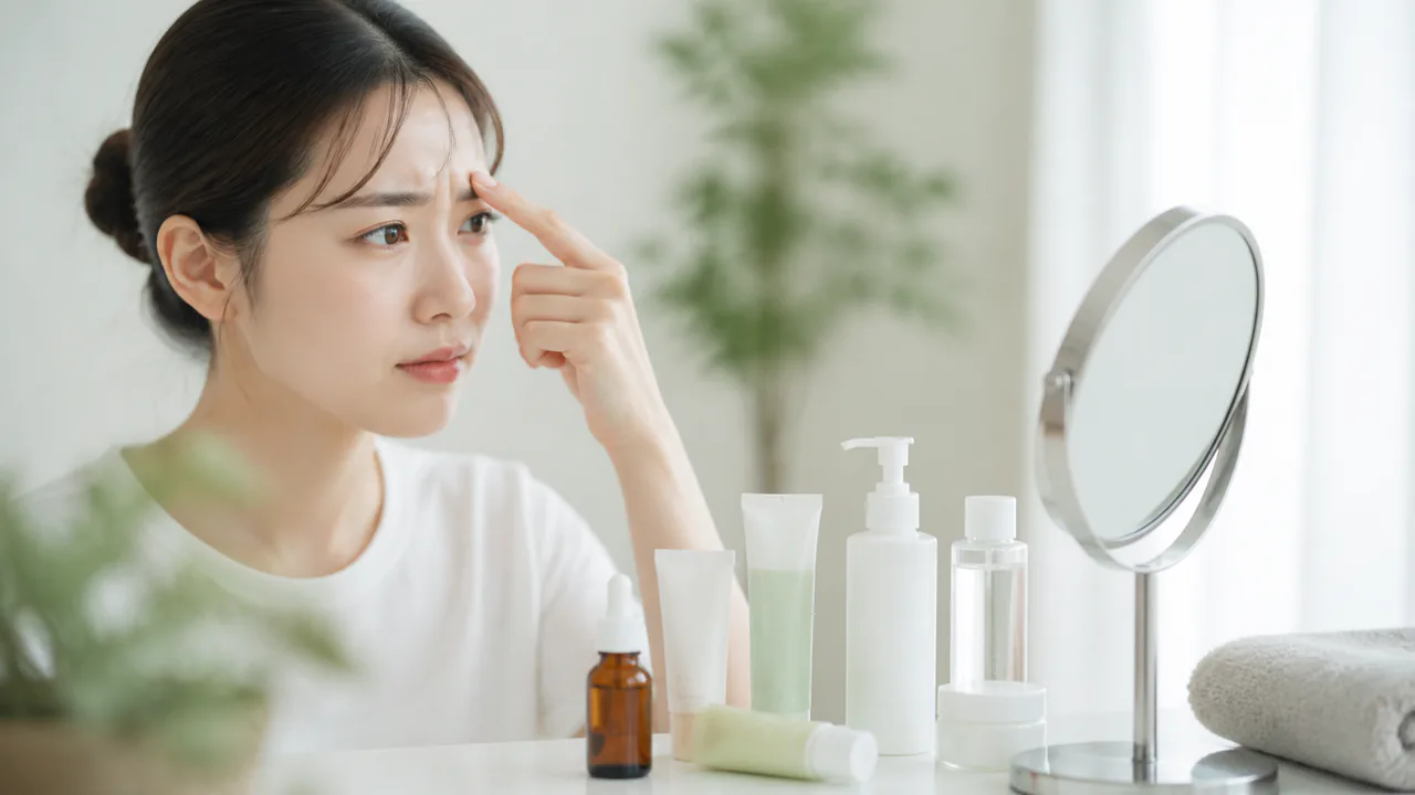 眉間ニキビの治療法として推奨される塗り薬やスキンケア製品の集合。効果的な対策。