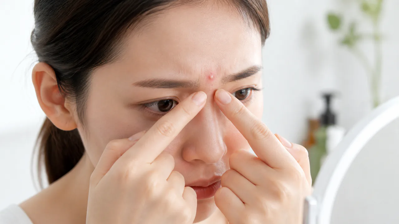眉間や眉毛周辺に発生した赤く炎症を伴うニキビの拡大。原因とメカニズムを解説。