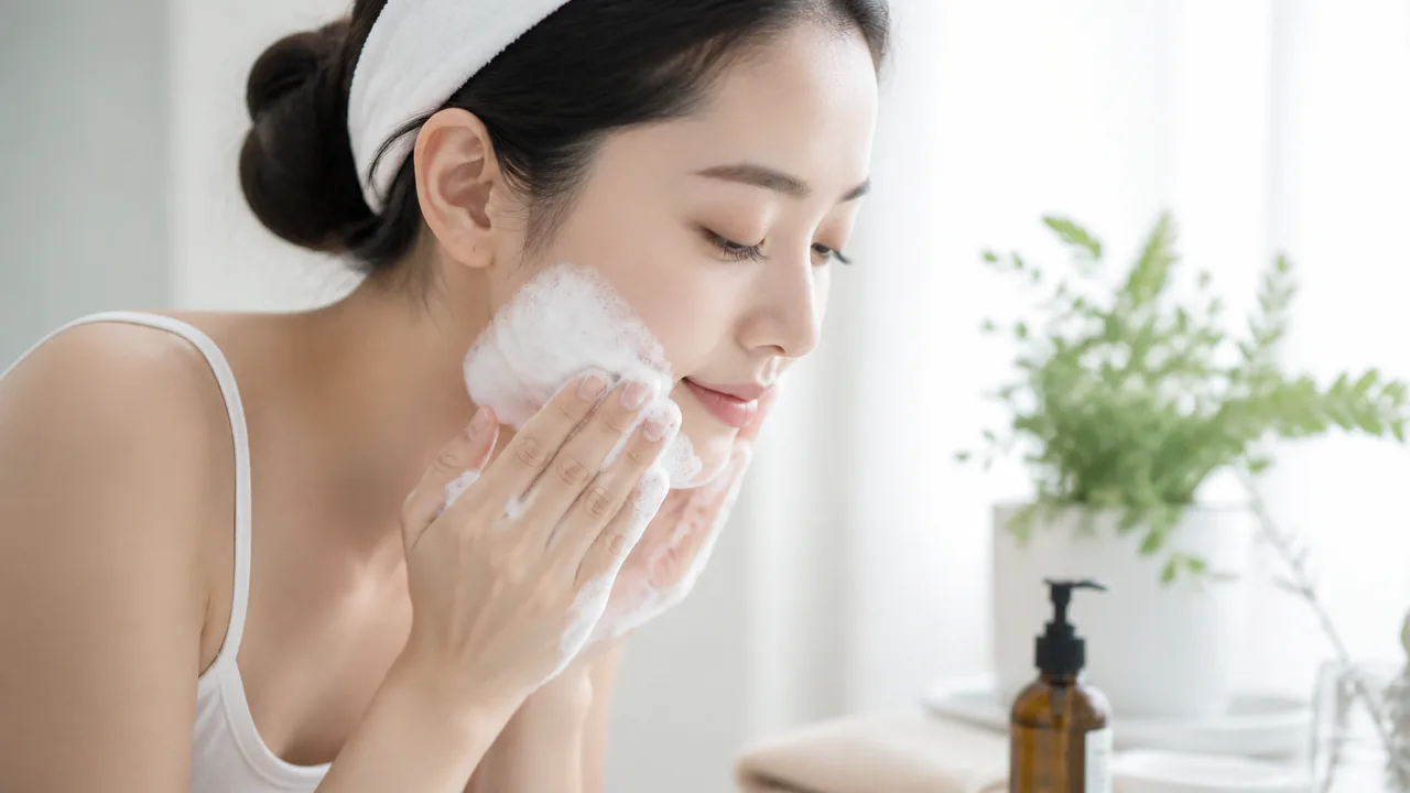 洗顔料を泡立てネットで丁寧に泡立て、優しく洗顔する女性の手元と顔