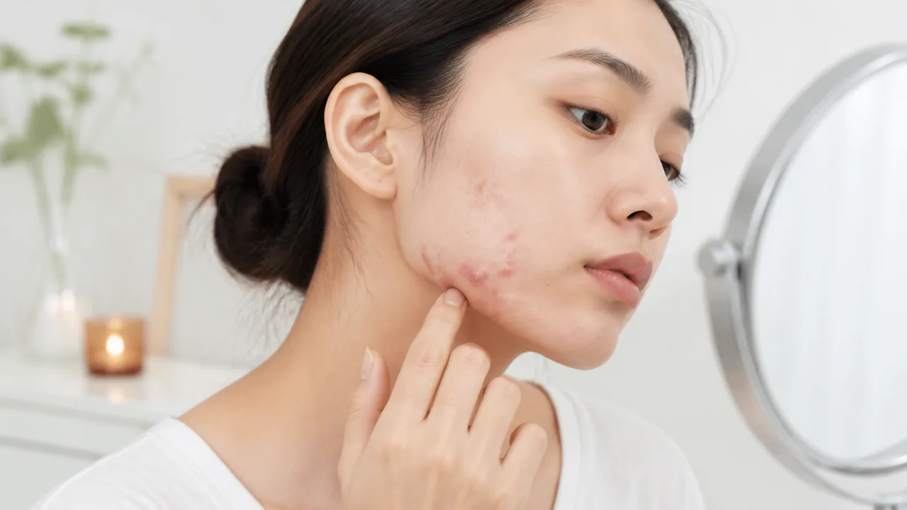 フェイスラインに沿って炎症を起こし赤みのあるニキビが多数発生している肌の状態