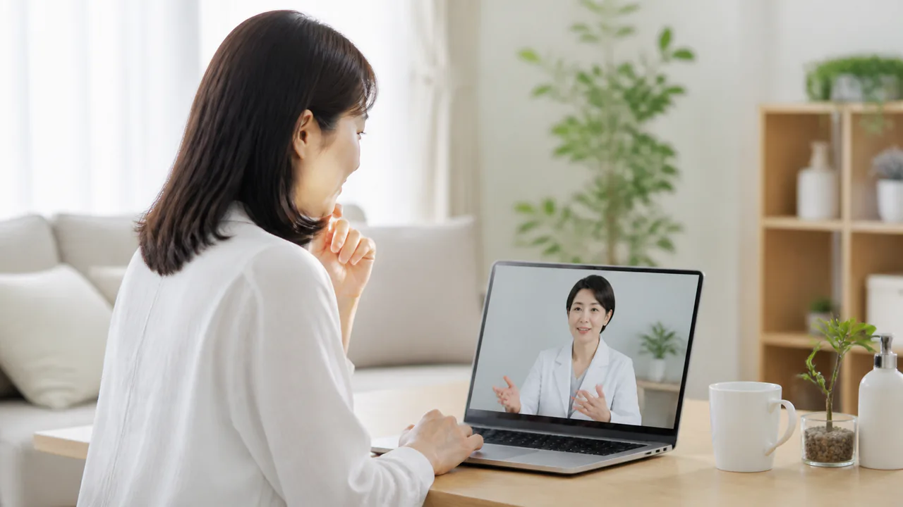 自宅でオンラインFAGA治療を受ける女性の様子、薄毛対策をPCで相談