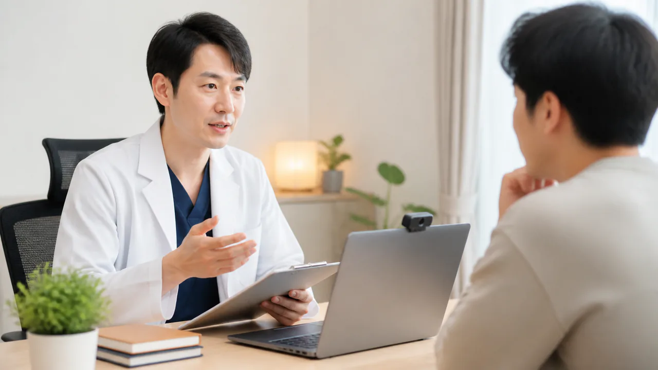 オンラインFAGA治療の注意点を医師が説明する場面、副作用の相談