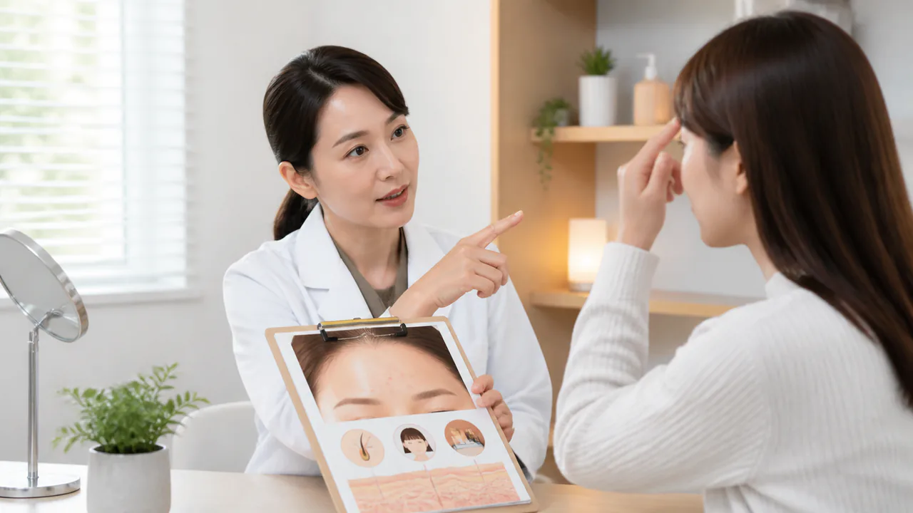 おでこニキビに関する誤解を解くために、専門家が説明している様子