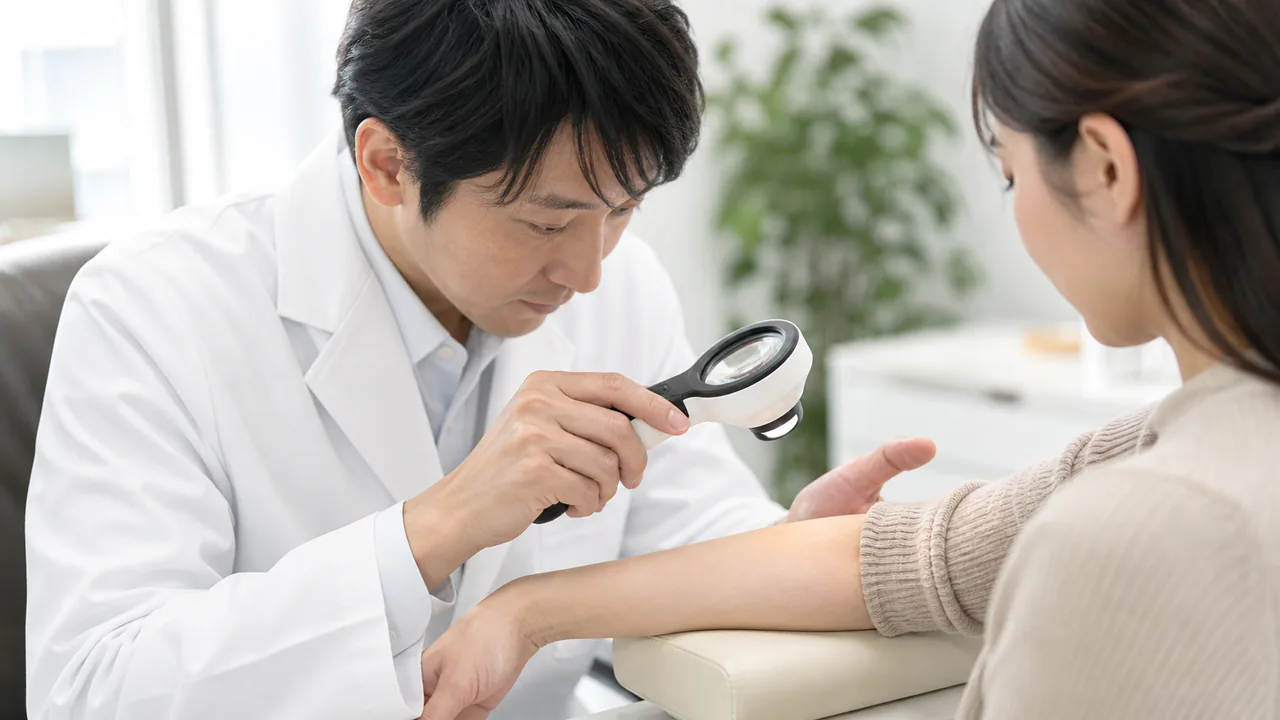 皮膚科医が真菌感染が疑われる患者の皮膚を拡大鏡で丁寧に検査している様子