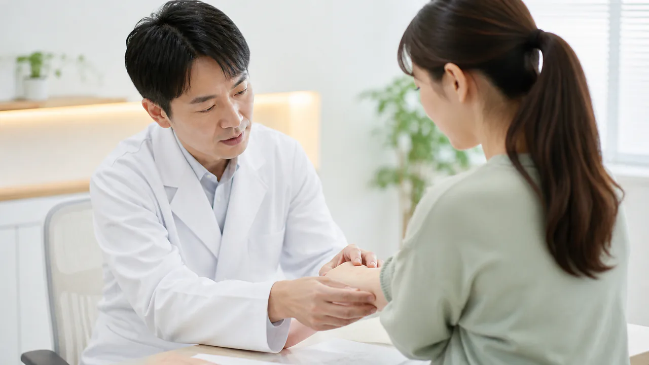 医師が患者の皮膚を診察、真菌症が再発した際の適切な対処と医療相談