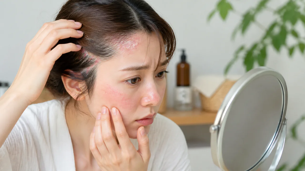顔や頭皮に赤みとフケが見られる脂漏性皮膚炎の患部