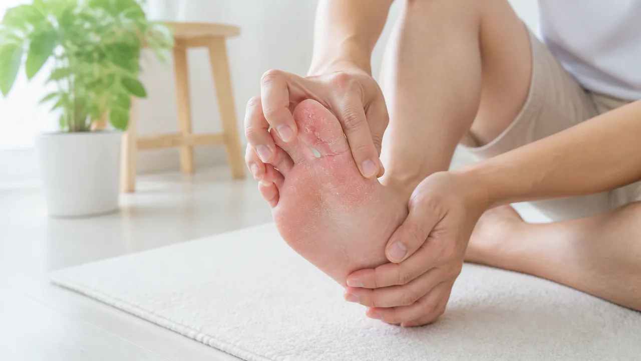 皮膚のひび割れや赤みを伴う足白癬の典型的な症状