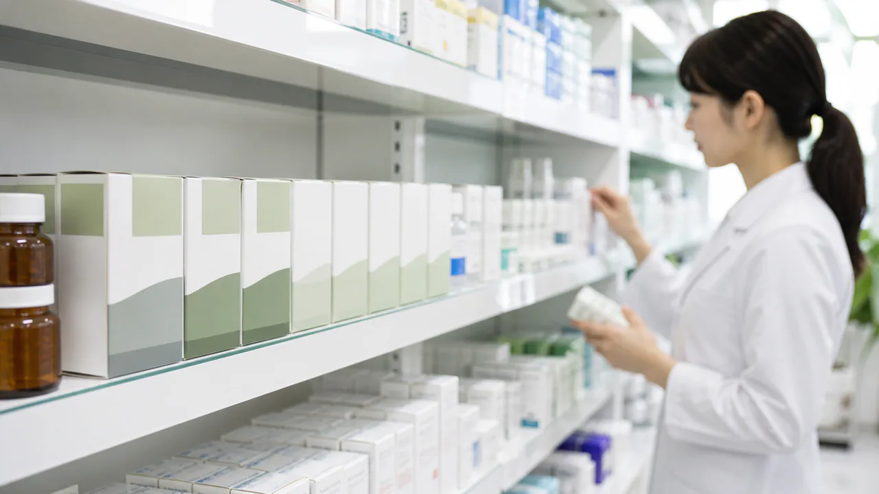フロジンと同成分のジェネリック医薬品が並べられた薬局の棚の様子
