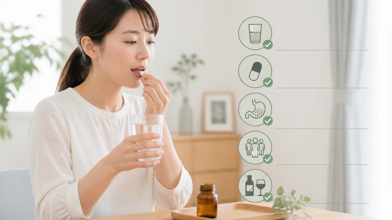 五淋散を服用する際にコップ一杯の水と一緒に飲む様子と注意点リスト
