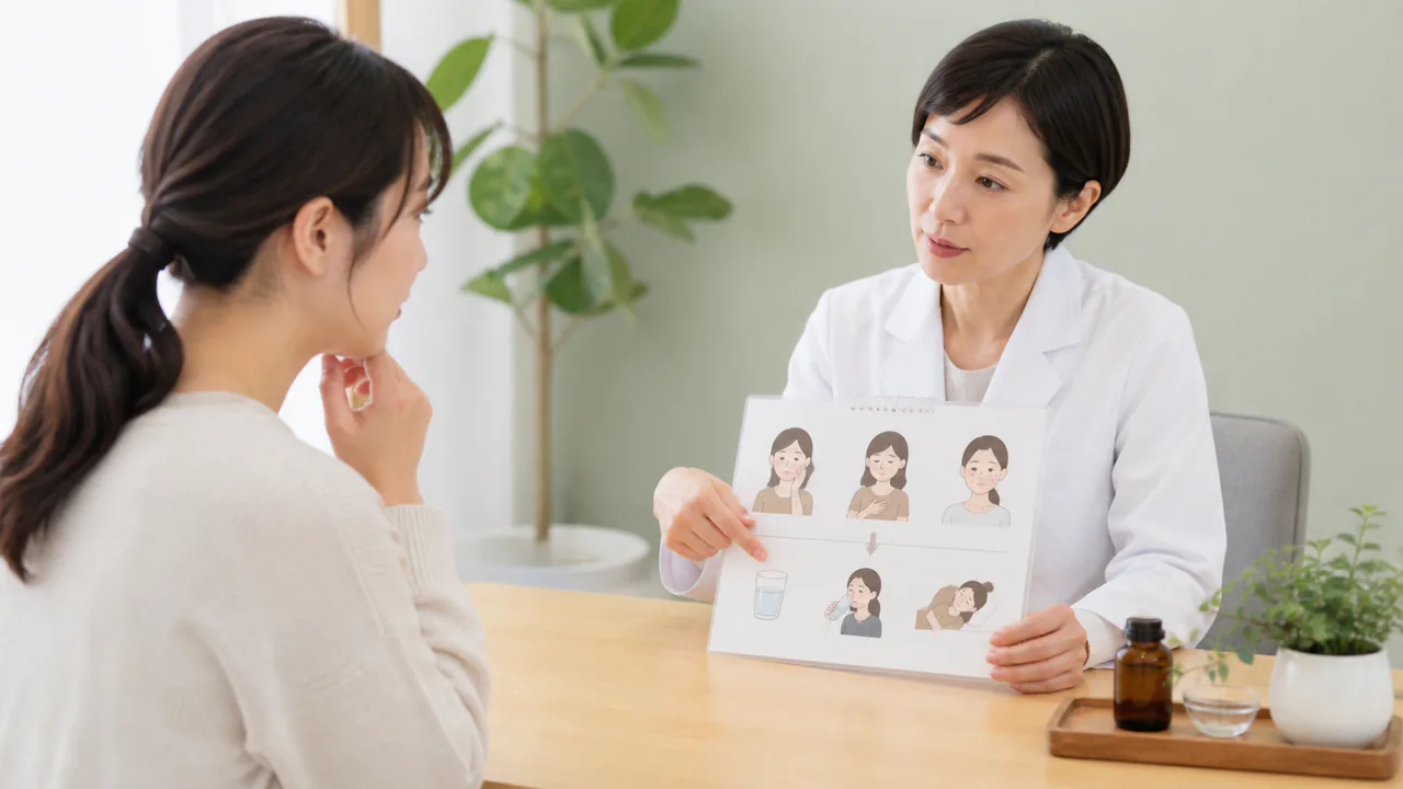 排膿散及湯服用時に起こりうる副作用の症状と、その対処法を説明する様子