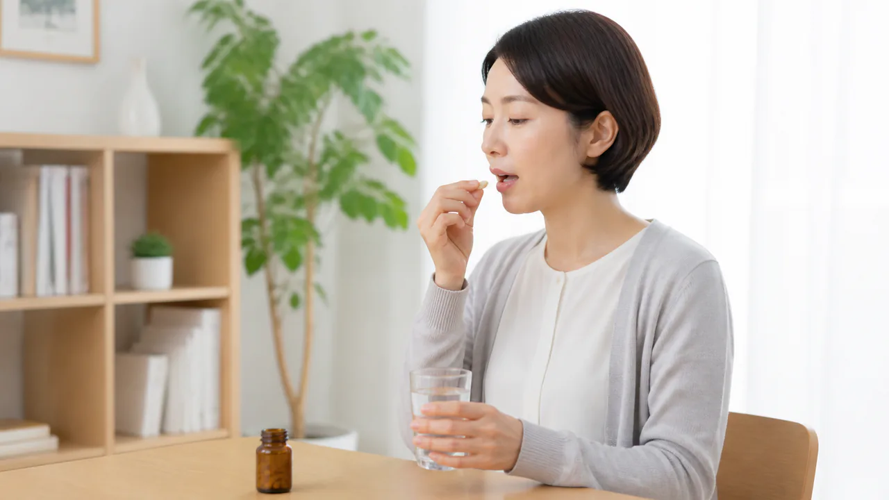 半夏厚朴湯を服用する患者が、用法用量を守り正しく服用している姿
