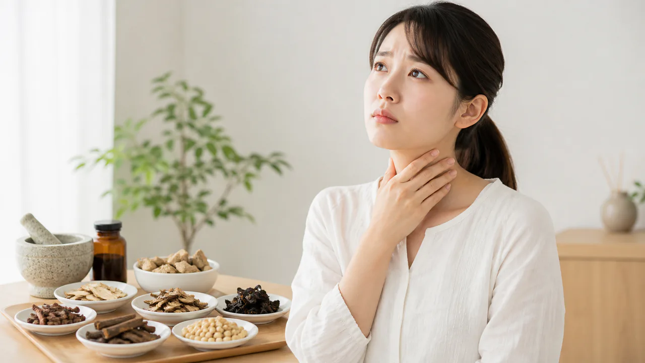 半夏厚朴湯の生薬構成と、喉のつかえ感に悩む患者の様子