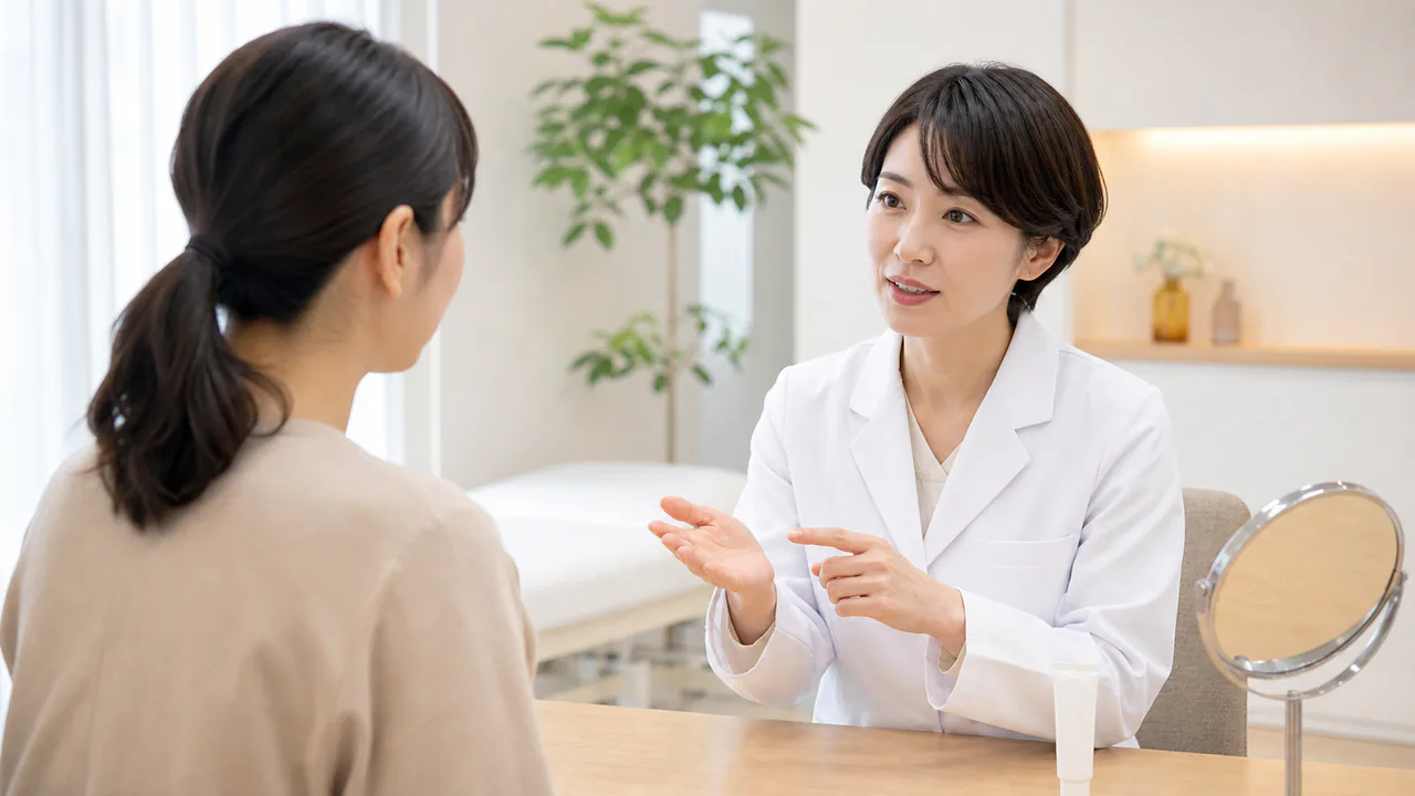 医師が患者からのヒルドイドに関する質問に丁寧に答える診療風景