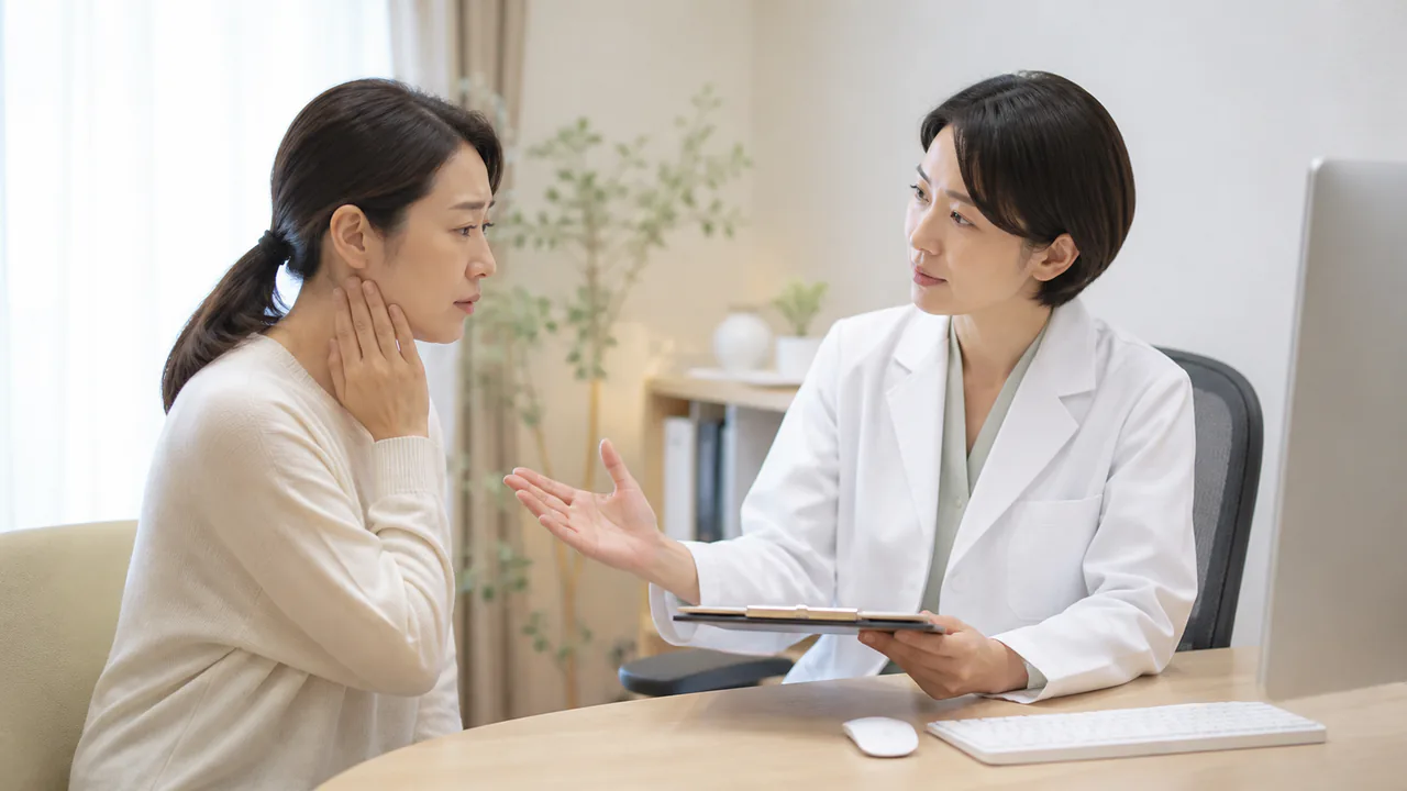 じんましんの症状で悩む人が医師に相談している様子、受診目安の判断