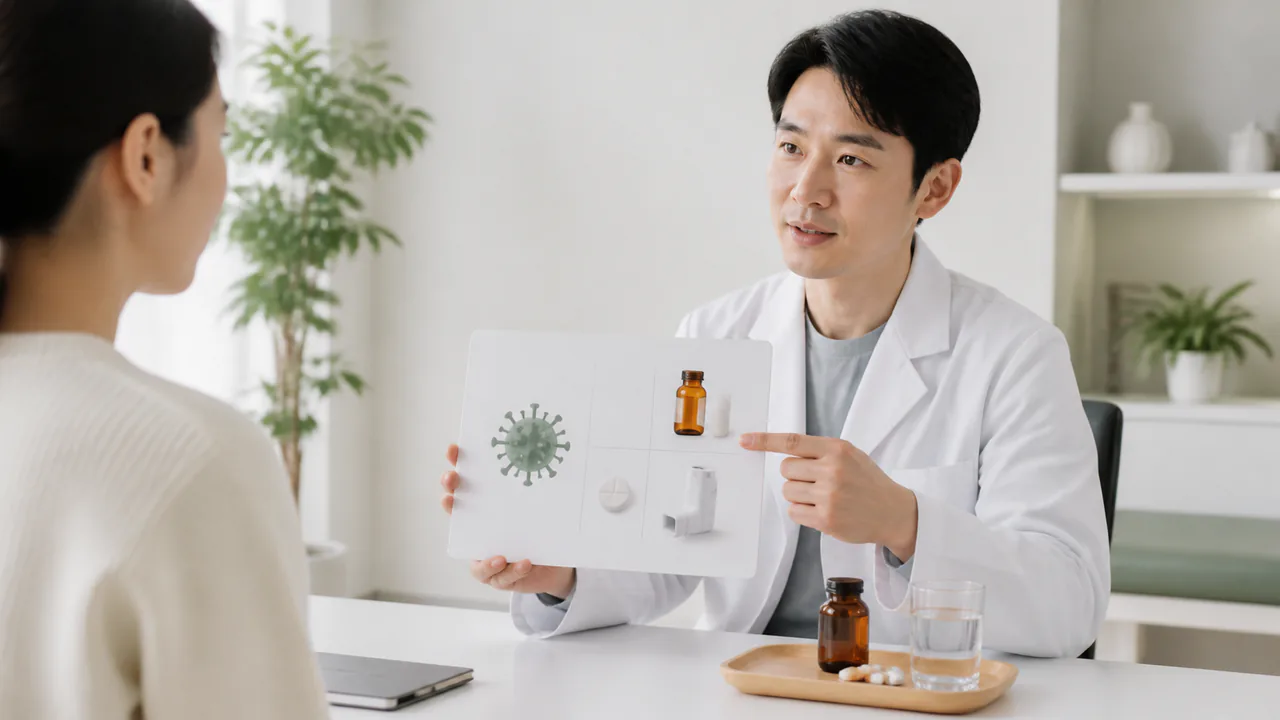 渋谷のクリニックでインフルエンザ治療薬の種類と役割を説明する医師