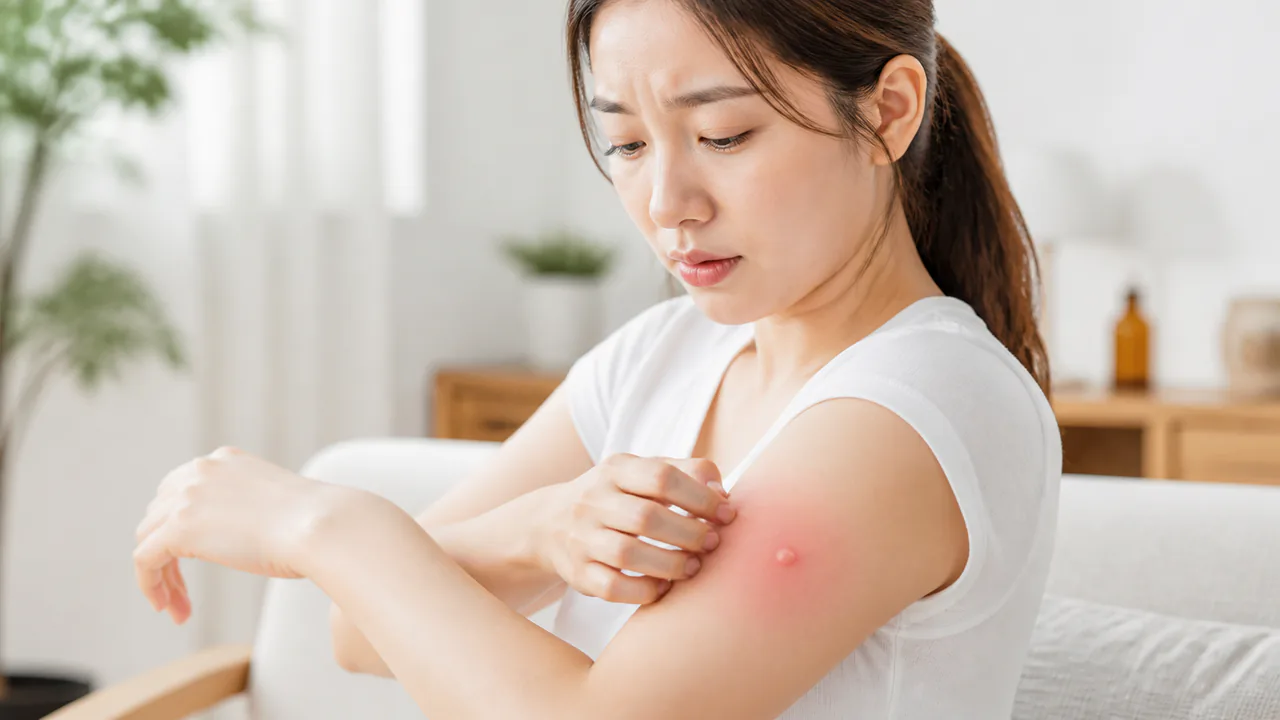 蚊やブヨによる赤く腫れ上がった皮膚の痒みと炎症の状況