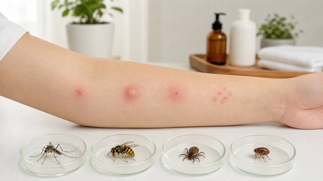 蚊、蜂、ダニ、ノミなど異なる虫刺されの皮膚病変を比較