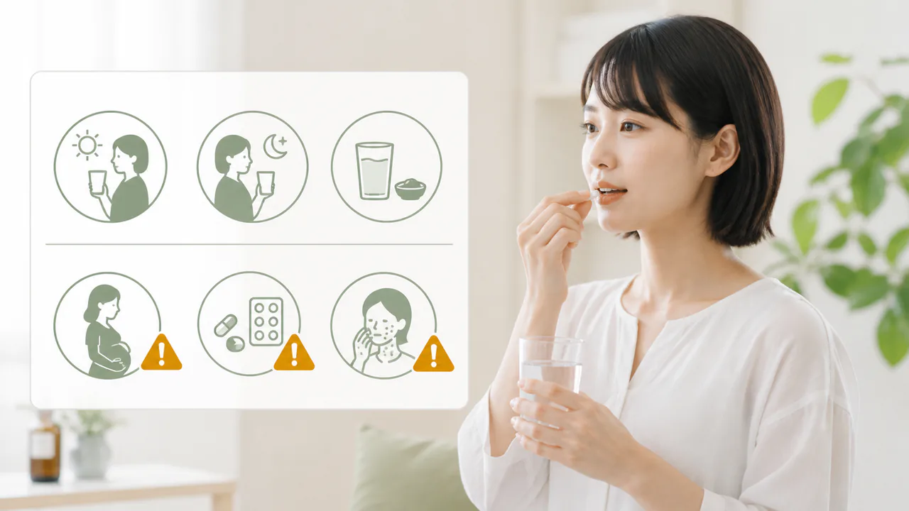 胃苓湯の適切な服用方法を示すピクトグラムと注意喚起の表示