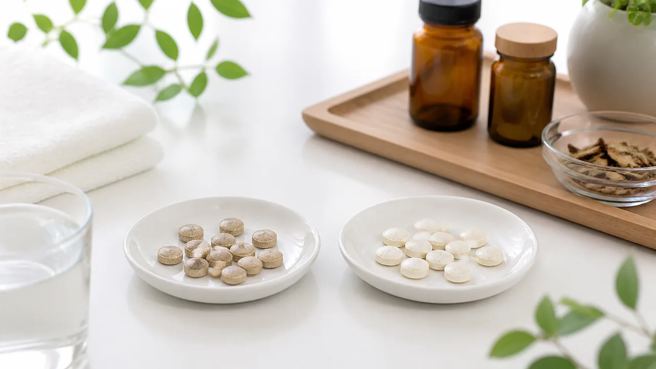 胃苓湯のジェネリック医薬品と先発品を比較する錠剤の並び