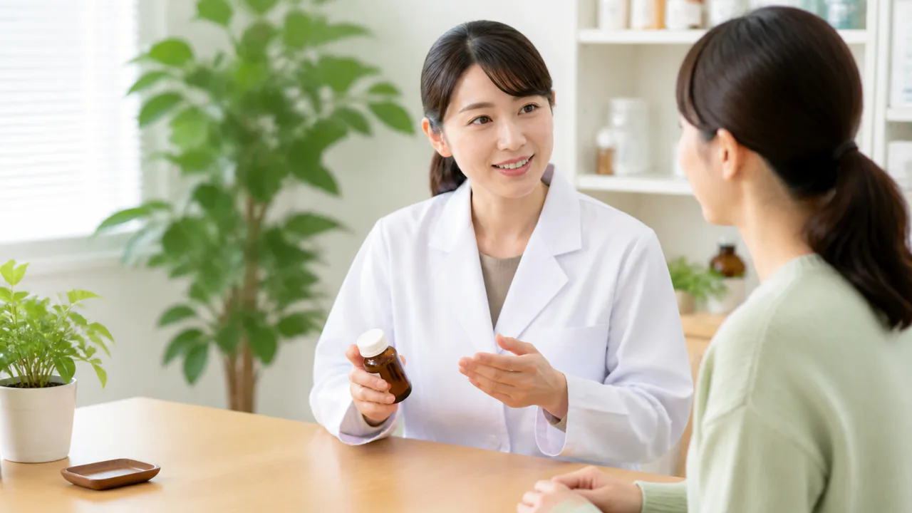 治打撲一方の正しい服用方法と、服用時の注意点を説明する薬剤師