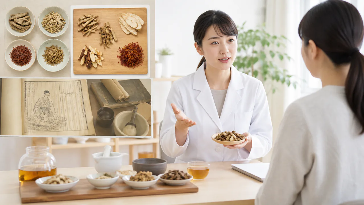 治打撲一方の生薬構成と効能、漢方薬の歴史的背景を解説する図