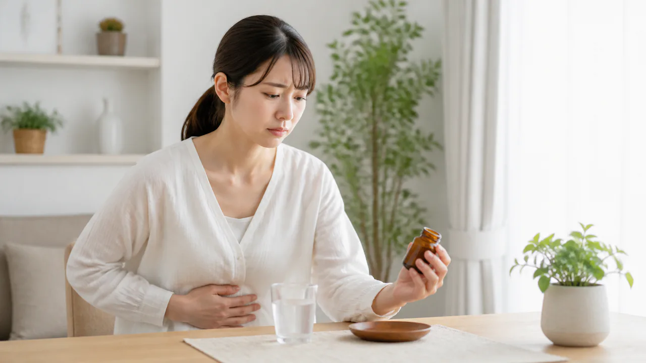 腹痛や下痢の症状を示す女性が、潤腸湯服用後の体調変化に注意を払う様子