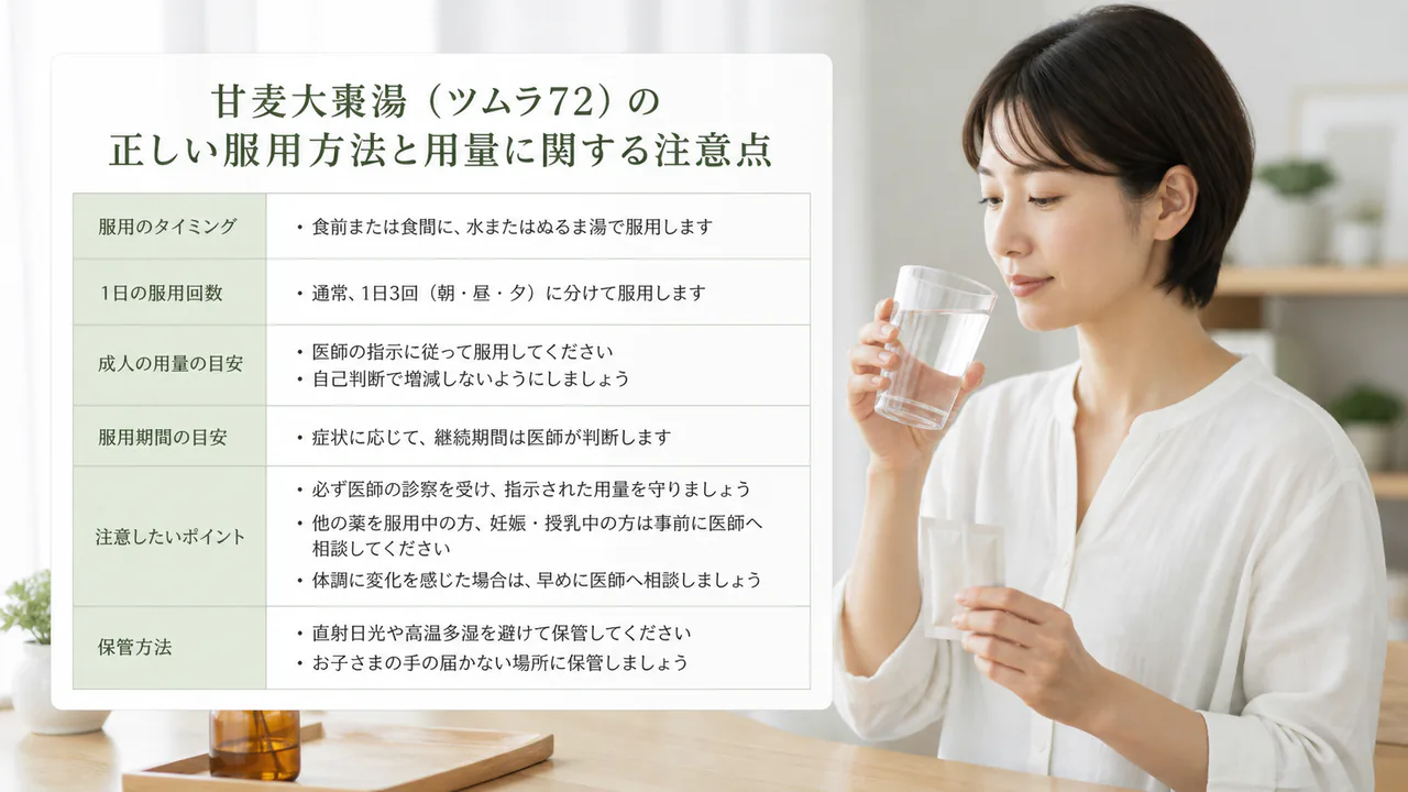 甘麦大棗湯(ツムラ72)の正しい服用方法と用量に関する注意点をまとめた表