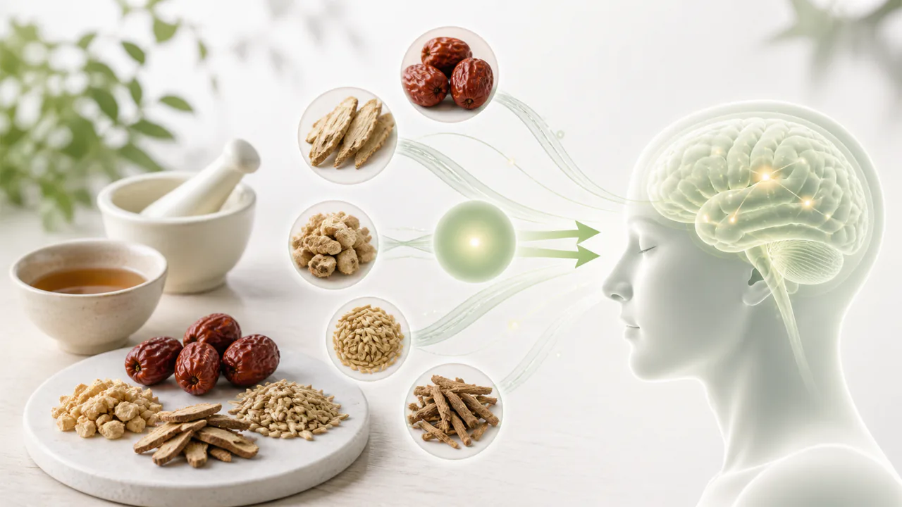 甘麦大棗湯(ツムラ72)の薬効成分と精神安定作用のメカニズムを解説する図