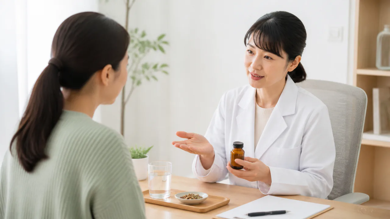 桂枝加芍薬大黄湯の服用方法と注意点を説明する医師と患者