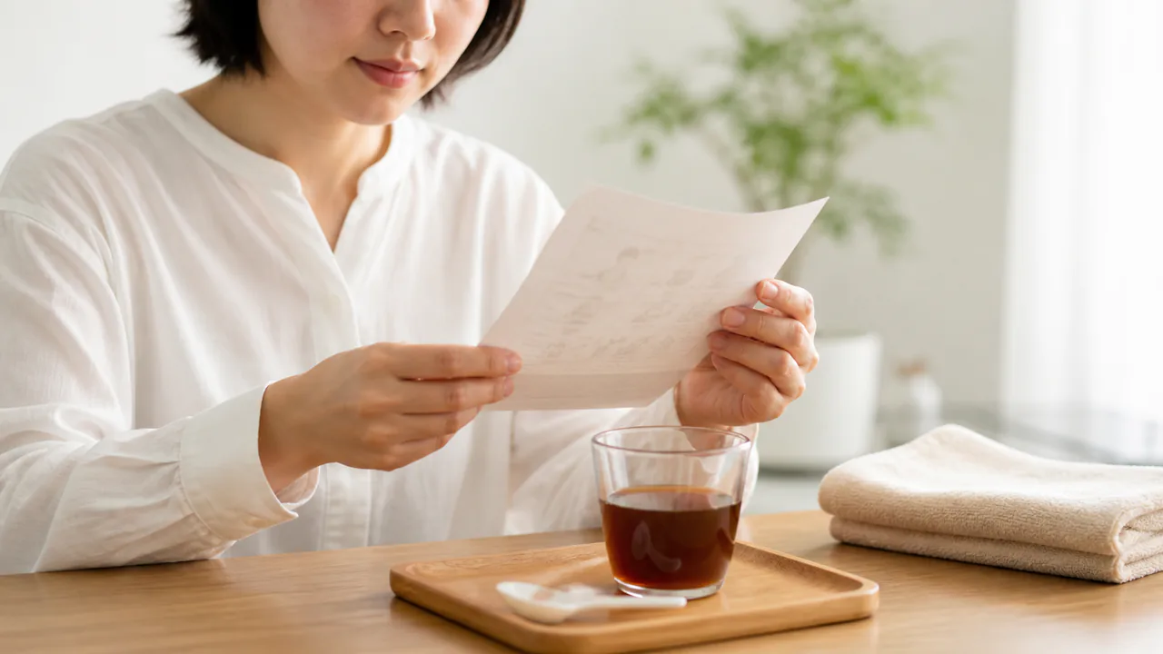 桂枝湯の服用方法を示す説明書と計量スプーン、コップに注がれた漢方薬