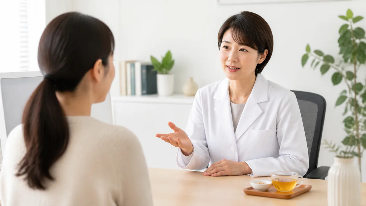 桂枝湯に関するよくある質問に答える医師と患者の対話風景、相談の様子