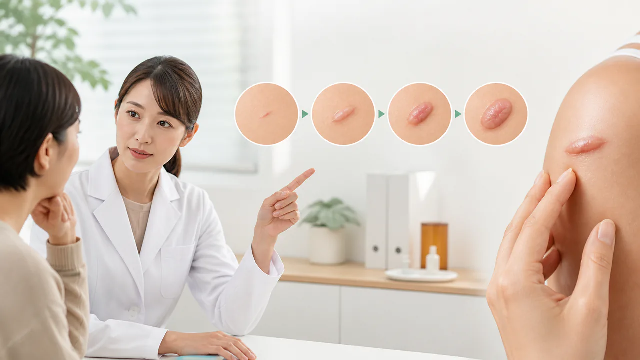 小さな傷跡からケロイドが形成される過程と、早期治療の重要性を示す図