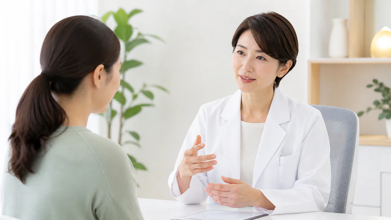 医師が患者のケロイドの悩みに対し、丁寧に説明している診察室の様子