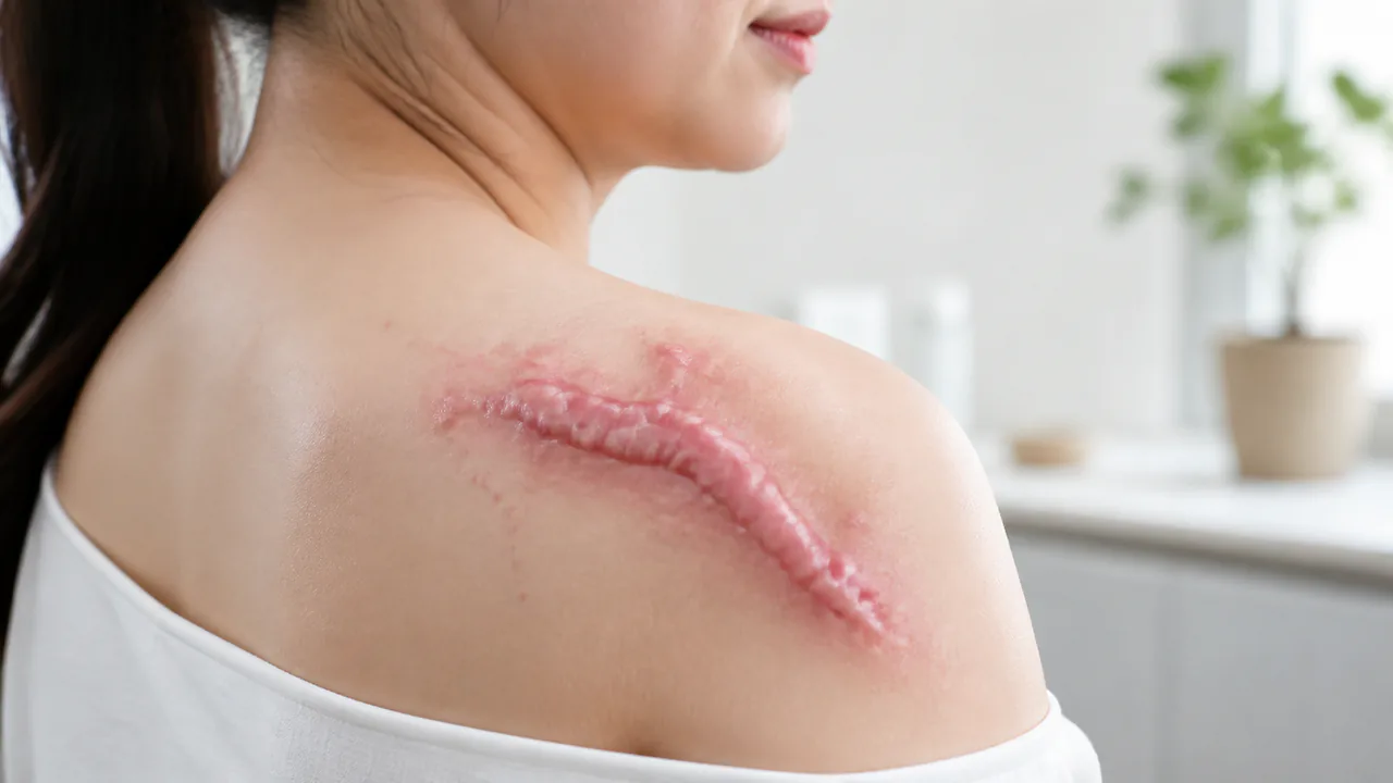 皮膚の傷跡が赤く盛り上がり、周囲に広がるケロイドの典型的な状態
